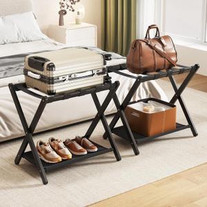 Fully Assembled Luggage Racks Set of 2, Bamboo Luggage Rack for Guest Room, Foldable Suitcase Stand with Fabric Storage Shelf for Bedroom, Hotel, Holds up to 165 lb, 26.77 x 16.93 x 22.5 Inches, Black