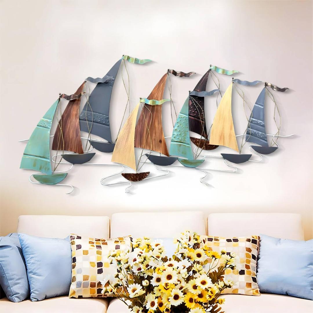 edaknez Large Metal Sailboat Wall Decor, 51" x 26" Ship Wall Art, Coastal Nautical Boat Wall Art Decor, Large Ship Wall Sculptures, for Living Room Bedroom