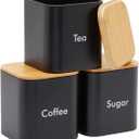 Juvale Coffee Tea Sugar Container Set - Black Iron Kitchen Canister Set with Bamboo Lids (3 Pieces, 48 oz)
