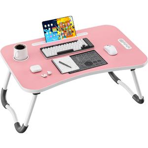 Folding Lap Desk, 23.6 Inch Wood Laptop Bed Desk with Cup Holder, Portable Bed Table for Working Writing Reading & Eating for Bed, Sofa, Couch, Floor - Pink