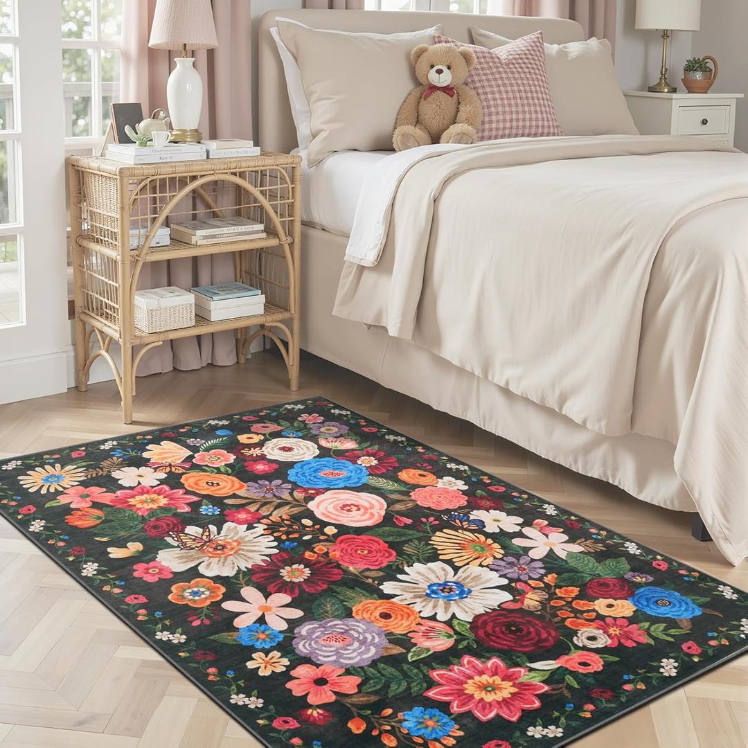Floral Machine Washable Rug Black, 3x5 Rug Non Slip Soft Bedroom Rugs for Entryway Dorm, Ultra-Thin Rugs for Bedroom Stain Resistan(3 x 5, Black Garden)