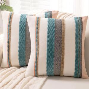 Boho Throw Pillow Covers 18x18 Set of 2 Farmhouse Decorative Cushion Case Striped Square Pillows Cover Chenille Pillow Cases Accent Neutral Pillowcase for Sofa Couch Bed,Blue