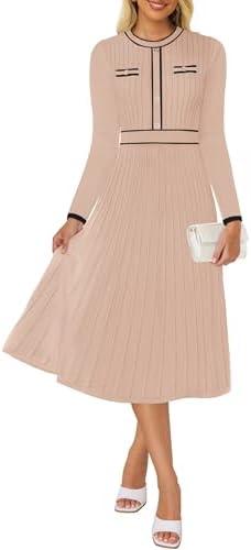 ZESICA Women's Spring Pleated Sweater Dress Long Sleeve Crewneck Ribbed Knitted Midi Dresses, S