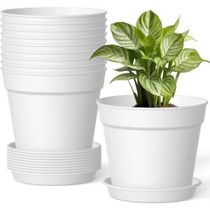 10 Pack 6 Inch Plant Pots with Drainage and Saucers, White Plastic Flower Pots for Indoor and Outdoor Plants, Stackable Nursery Planters for Houseplants and Herbs, White