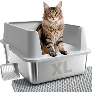 Stainless Steel Litter Box, XL Metal Cat Litter Box with Lid, Extra Large Cat Litter Boxes for Big Cats with High Sides, Leak Proof, Easy to Clean, No Stick, Odor Control, Include Scoop and Mat
