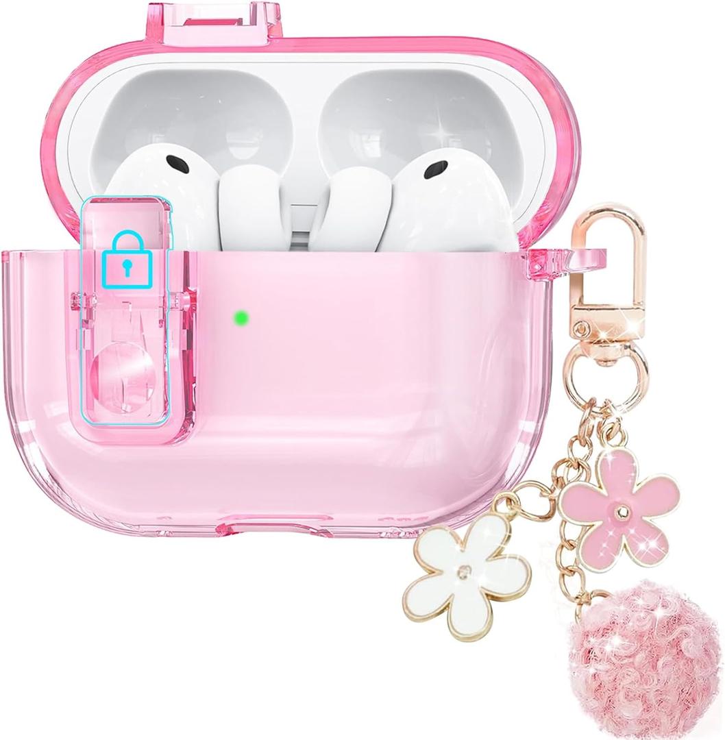 Clear Case for AirPods Pro 3 with Secure Lock, Soft TPU Airpods Pro 3 Generation Case 2025, Compatible with iPods Pro 3 Cases, Cute Bling Keychain for Women Girls (Pink)