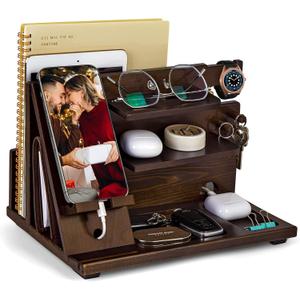 KOCWELL Wood Phone Docking Station, Gifts for Men, Nightstand Organizer Wood for Phone Tablet Earphones Watch Wallet Rings Pens Keys Notebook etc, Birthday Gifts for Men Husband Dad Boyfriend (Dark Brown)