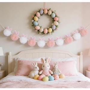 YIYA 8.2ft Easter Bunny Garland Pink and White Easter Bunny Plush Garland with Ears Rabbit Banner for Home Mantel Wall Spring Porch Party
