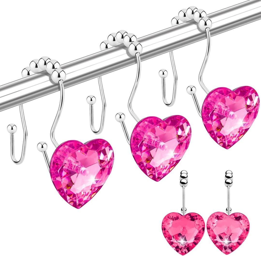 Shower Curtain Hooks Rings for Bathroom, 12PCS Heart Stainless Steel Rust Resistant Decorative Rhinestones Shower Curtain Rings Hangers for Shower Curtains (Double Hook Hot Pink)