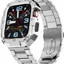 MOFREE Stainless Steel Watch Band with Case Compatible for Apple Watch 45mm Series 9/8/7 for Men, Rugged Strap with Metal Protective Bumper Cover for iWatch Band 45mm Silver