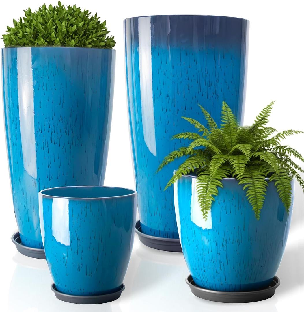 ZMTECH 24/21/12/10" H Large Plastic Planters with Drainage Hole & Saucer, Set of 4 Tall Plant Pots for Indoor/Outdoor Use, Gradient Blue Glossy Smooth Flower Pot for Front Porch Patio Garden