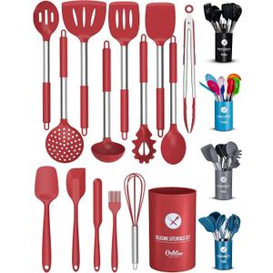 ORBLUE Silicone Cooking Utensil Set, 14-Piece Kitchen Utensils with Holder, Safe Food-Grade Silicone Heads and Stainless Steel Handles with Heat-Proof Silicone Handle Covers, Red
