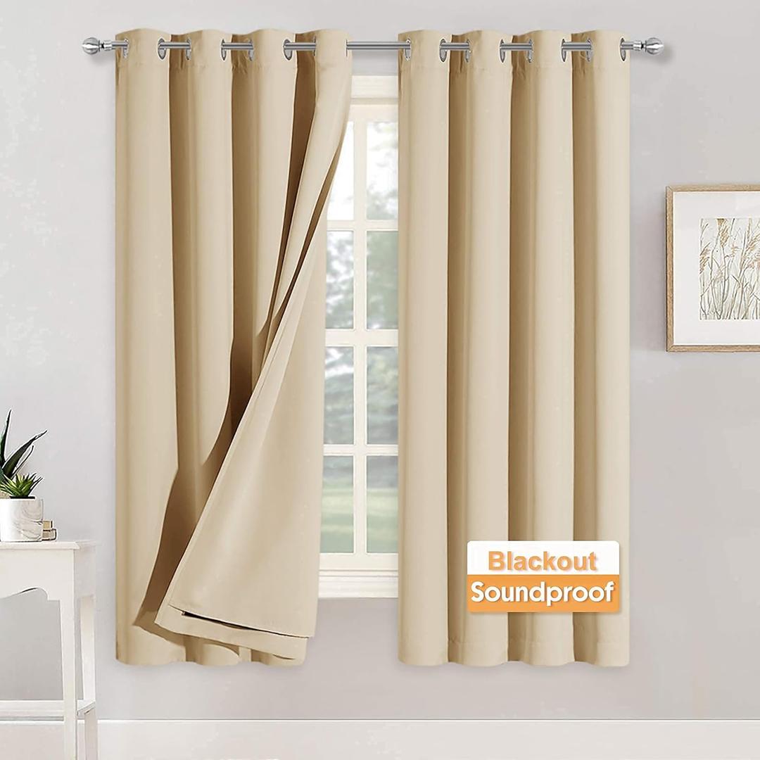 RYB HOME Soundproof Curtains for Bedroom - Light Block Noise Reducing Curains 3 Layers Inside Detachable Felt Liner Acoustic Drapes for Living Room, W 52 x L 63, Biscotti Beige, 1 Pair