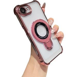 Clear case for Phone 16E with Full Camera Lens Protection(Compatible with Mag-Safe),Military Shockproof Electroplate Bumper Slim Cover Built-in Invisible Ring Stand-Pink