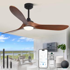60 inch Outdoor Ceiling Fans with Lights,Smart Wood Ceiling Fan for Alexa,Google & APP Control,Indoor/Outdoor,3 Blades,3CCT Dimmable,Red Walnut,Downrod Mount for Patio Porch