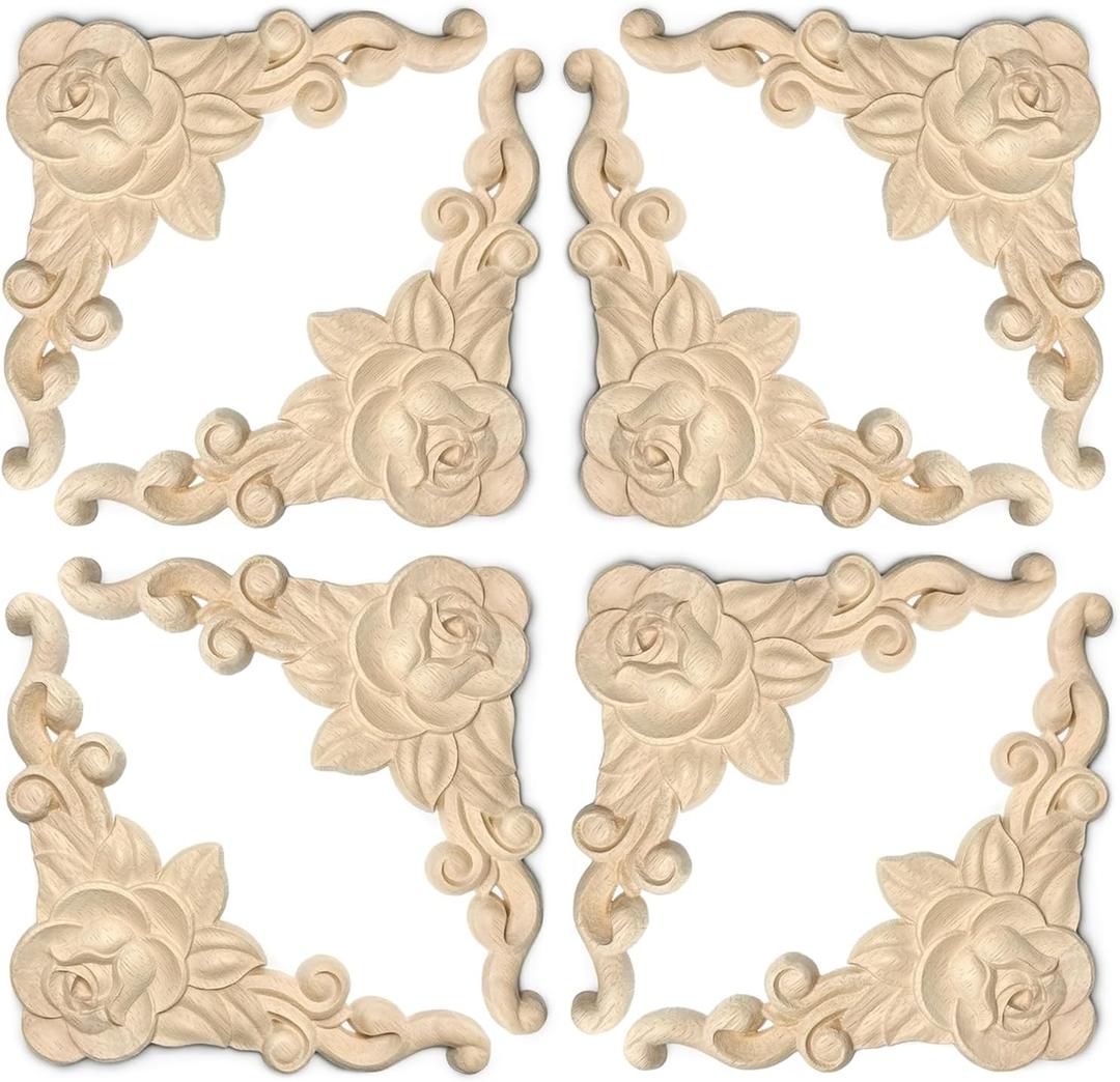 20 Pcs Decorative Wood Flower Carved Appliques Corner Onlay DIY Unpainted Solid Wooden Carved Corner Decal for Furniture Wardrobe Mirror Photo Frame Closet Decoration (3.1inch - Rose)