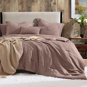 Geniospin Queen Comforter Set - 7 Pieces Comforter Queen Size, Soft Solid Bedding Set for All Season, Textured Bed in a Bag with Sheets, Pillowcases & Shams (Misty Rose, 90''x90'') | Soft, All Season, Bed in a Bag, Textured, Sheets, Pillowcases, Shams