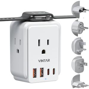 European Travel Plug Adapter Kit, VINTAR International Power Adapter for Apple Watch Charger with 3 AC Outlets 4 USB Ports (2 USB C), Type A/C/G/E/F/L Detachable Plugs, US to Europe UK Italy Spain