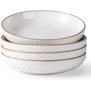 GBHOME 9.5'' Large Pasta Bowls, 42 Ounce Stoneware Salad Bowls for Kitchen, Ceramic Serving Bowls With Textured Pattern for Pasta, Fruit, Stews, Noodle, House-warming Gift, Set of 4-Off White
