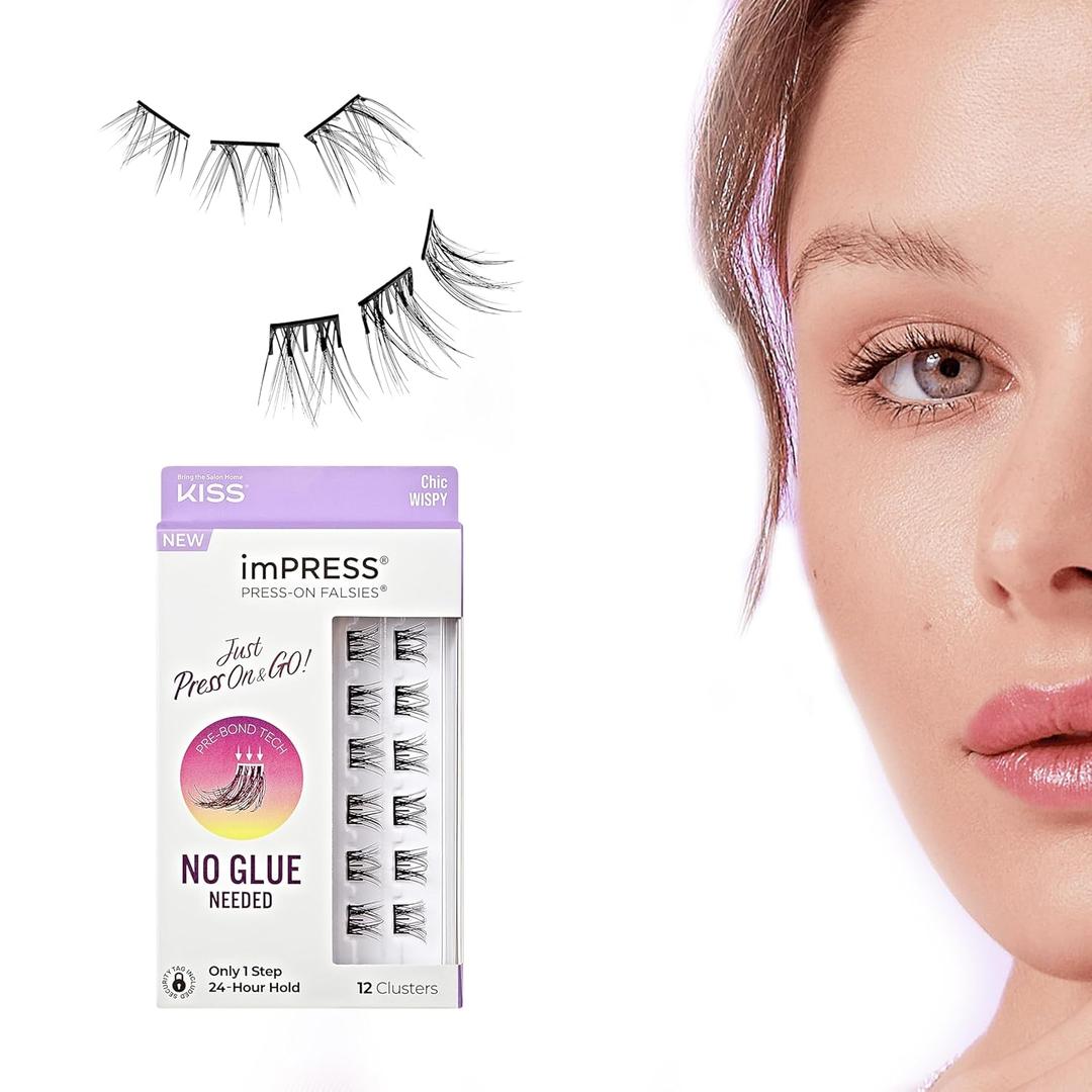 KISS imPRESS False Eyelashes, Lash Clusters, Falsies, Chic Wispy', 12mm-14mm, Includes 12 pieces of pre-bonded lashes, Contact Lens Friendly, Easy to Apply, Reusable Strip Lashes