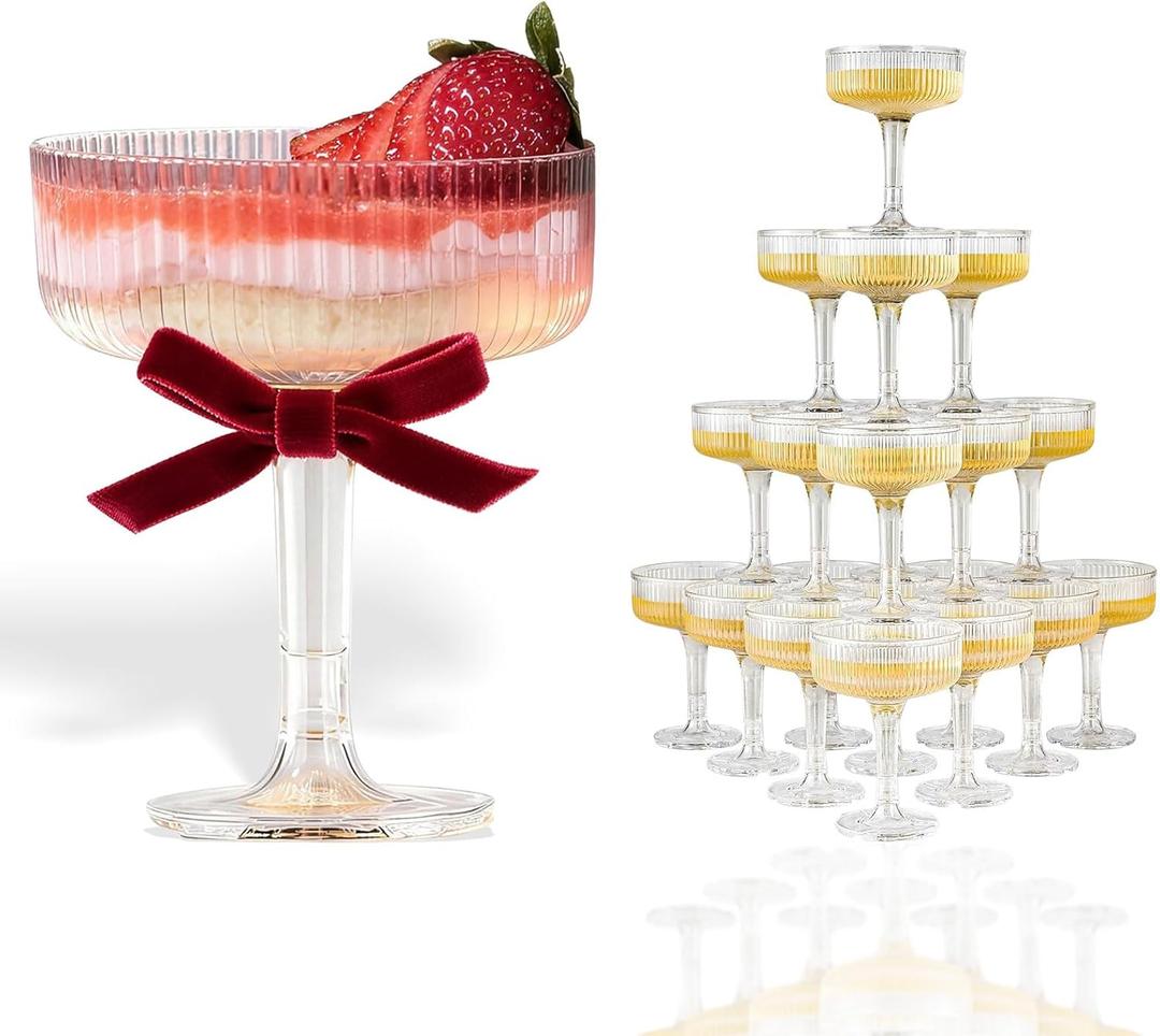 20 Pack Champagne Tower PlasticStackable Ribbed Champagne TowerCrystal Clear for Weddings, Parties & Graduations, Easy to Clean & Store, Outdoor/Indoor Use