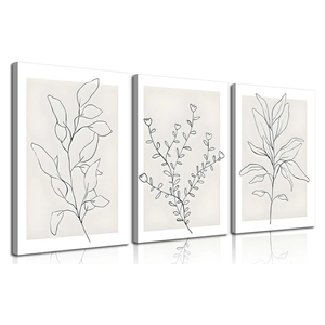 3Pcs Framed Neutral Botanical Wall Art Minimalist Abstract Botanical Line Canvas Posters Prints Modern Beige Boho Plant Paintings Wall Decor Pictures for Bedroom Living Room Home Decoration