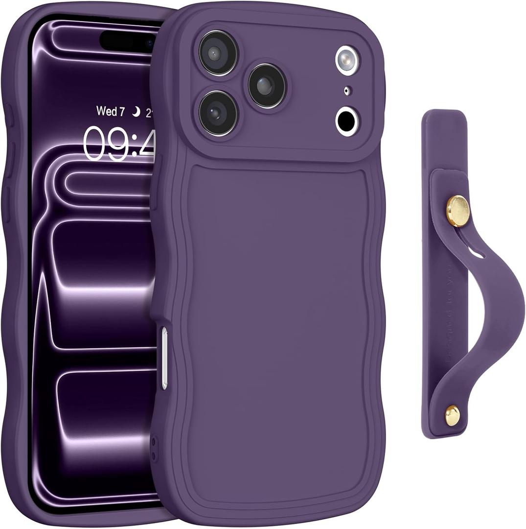 GUAGUA for iPhone 17 Pro Max Case with Wrist Strap, Wavy Edge Phone Case Cute Curly Shape with Adjustable Wristband Kickstand Shockproof Anti Slip Phone Case for iPhone 17 Pro Max 6.9'', Deep Purple