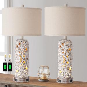 Set of 2 Rustic Farmhouse Table Lamps for Living Room Bedroom, Vintage Bedside Lamp with Dual USB Port, Antique White Resin Retro Nightstand Lamps with Night Light