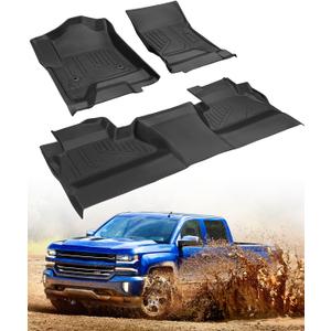 All Weather Floor Mats 2014-2018 for Chevy Silverado & GMC Sierra 1500, 2015-2019 2500HD 3500 HD, Only Crew Cab & Front Center Console & Bucket Seat, Waterproof TPE Rubber Car Accessories