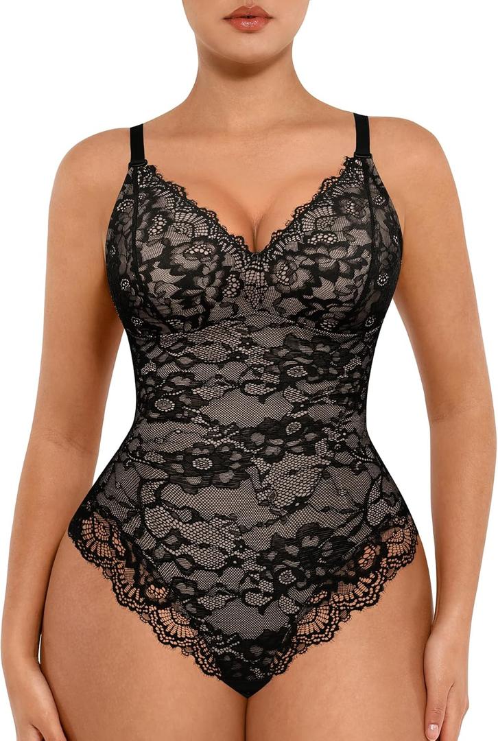 FeelinGirl Shapewear Bodysuits for Women Lace Shapewear Tummy Control V-Neck Sleeveless Bodysuit Tops Jumpsuit (Medium, Black)