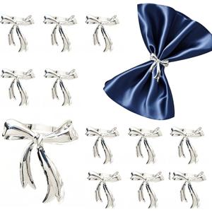 Silver Bow Napkin Rings Set of 12 Shiny Metal Bow Napkin Holder for Valentine's Day Wedding Decor,Elegant Butterfly Knot Napkin Ring for Holiday Gatherings Daily Dining Table Setting