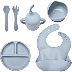 Baby Silicone Feeding Set, Baby Weaning Set, Baby Essentials, Includes Baby Spoons, Baby Bibs, Suction Plates for Baby Baby Bowls, Food Grade Silicone, BPA Free (A-1)