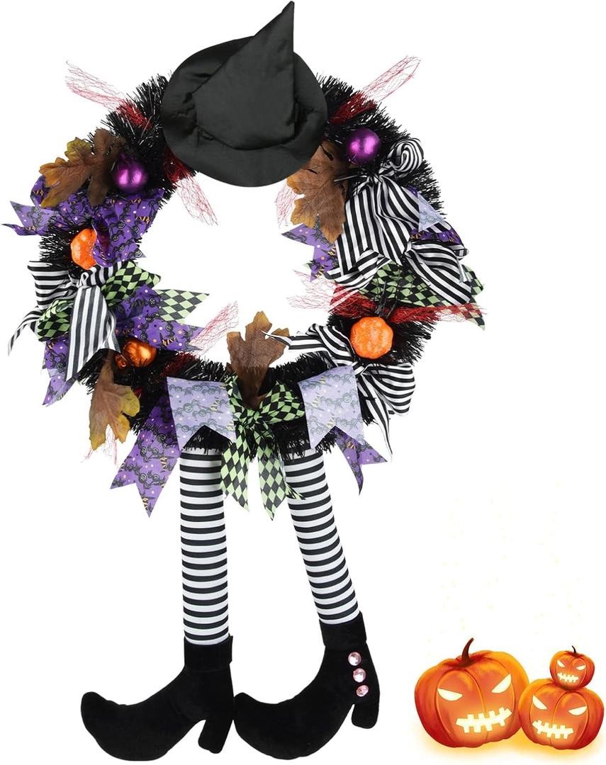 SHAVINGFUN Halloween Wreath-Halloween Wreaths for Front Door-24 Inch Witch Wreath with Hat Witches Legsl Pumpkin, Decorations Door,Porch,Window,Indoor and Outdoor Decor, TPJ87104046SNB (Black)