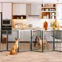 Vantas Folding No-Assembly Metal Pet Gate 120" Wide, 32" Extra Tall Dog Gate with Door Walk Through, Freestanding Accordion Puppy Gate for Indoor & Outdoor, with 2PCS Support - Black