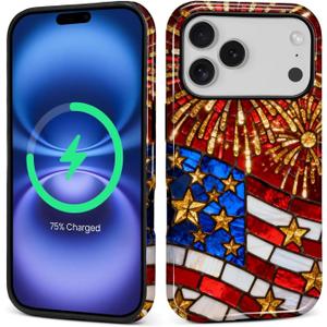Case for iPhone 17 Pro(Compatible with MagSafe),Soft TPU+Hard Acrylic 2-in-1 Glossy Phone Cover for Men/Women,Shockproof Protective Case Compatible with iPhone 17 Pro Fireworks USA Flag