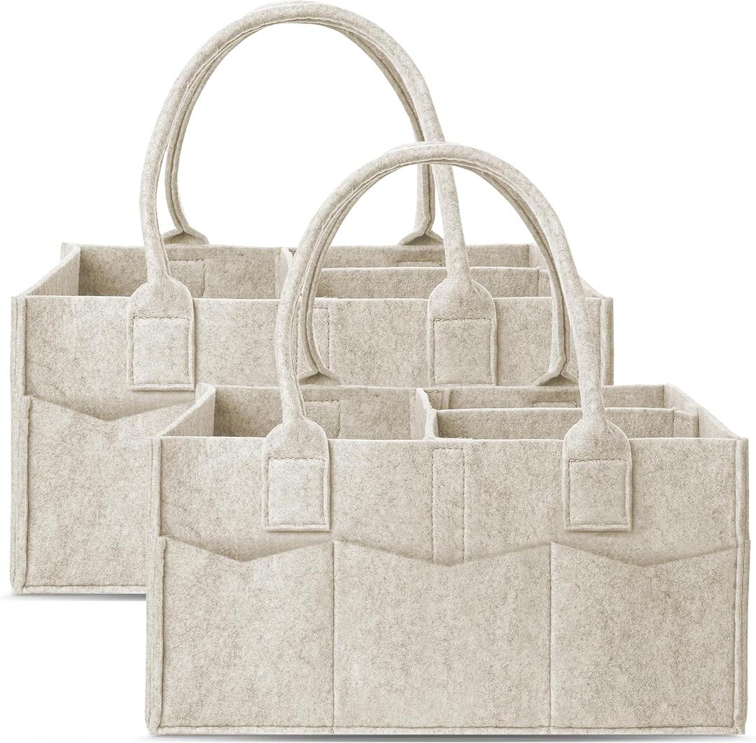 Cute Castle 2 Pack Diaper Caddy Organizer - Portable Baby Caddy Organizer with Handle, Nursery Storage Bin and Car Organizer for Girls, Boys - Baby Gift Basket - Oatmeal (Regular)