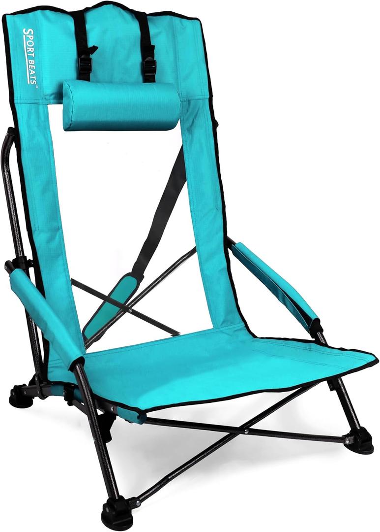Beach Chairs for Adults Teal 1 Pack | High Back, Low Profile, 22.5" Wide, Headrest, Breathable Mesh, Portable, Outdoor, Beach, Concert