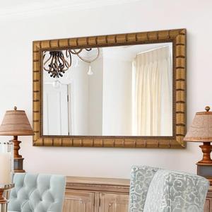 Vintage Warm Gold Mirror, 39'' x 27'' Solid Wood Mirror Frame with Vintage Bamboo Design, Decorative Mirrors for Living Room, Bathroom, Bedroom, Entryway, Fireplace, Horizontal/Vertical