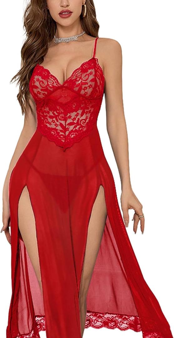 Sexy Split Mesh Lace Floral Sheer Babydoll Lingerie Outfit Dress 2 Piece with Thong Set (Large, Long Red)