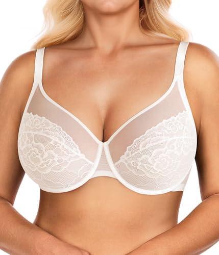 BRABIC Minimizer Bras for Women Full Coverage Unlined Lace Bra with Underwire Lifting Support for Large Bust, 85B, White