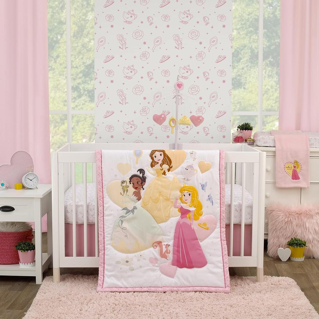 Disney Make A Wish Multi Princess Pink and White Belle, Tiana, and Aurora 3 Piece Nursery Crib Bedding Set - Comforter, Fitted Crib Sheet, and Crib Skirt