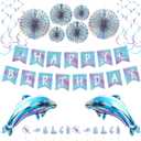Dolphin Party Decorations Kit - Blue Ocean Theme Birthday Supplies with Balloons, Banner, Cupcake Toppers & Paper Fans for Kids and Adults