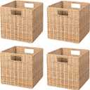 10.5 x 10.5 in Plastic Wicker Baskets for Cube Storage, Collapsible Square Wicker Storage Basket Set of 4, Rattan Storage Cube, Square Baskets for Shelves - Khaki
