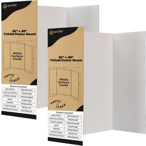 White Trifold Presentation Board 36" x 48" (Pack of 2) Self-Adhesive Science Subtitles Included - Display Exhibition Board Lightweight and Portable with Smooth Surface - By Emraw