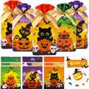 HRX Package 50pcs Halloween Treat Bags, 5.8x9x2.4 inch Drawstring Candy Goodie Bags for Trick or Treat (Orange Purple Green)
