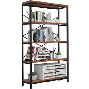 Himimi Industrial Bookshelf 5-Tier, Bookcase 58" H Ladder Shelf, Storage Shelves Rack Shelf Unit, Accent Furniture Metal Frame, Home Office Furniture for Bathroom, Living Room, Vintage Brown