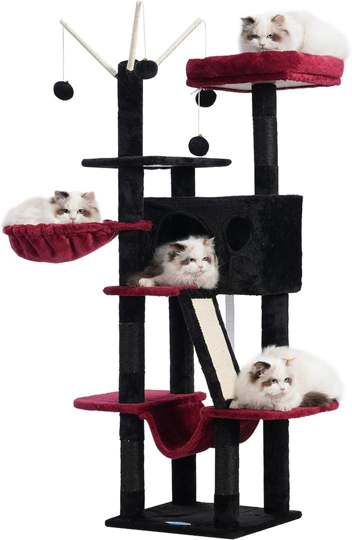 Hey-brother Gothic Cat Tree, 53 inch Cat Tower for Indoor Cats, Cat House with Padded Platform Bed, Toy Balls, Large Cozy Condo, Hammocks and Sisal Scratching Posts, Black and Red MPJ019SBR