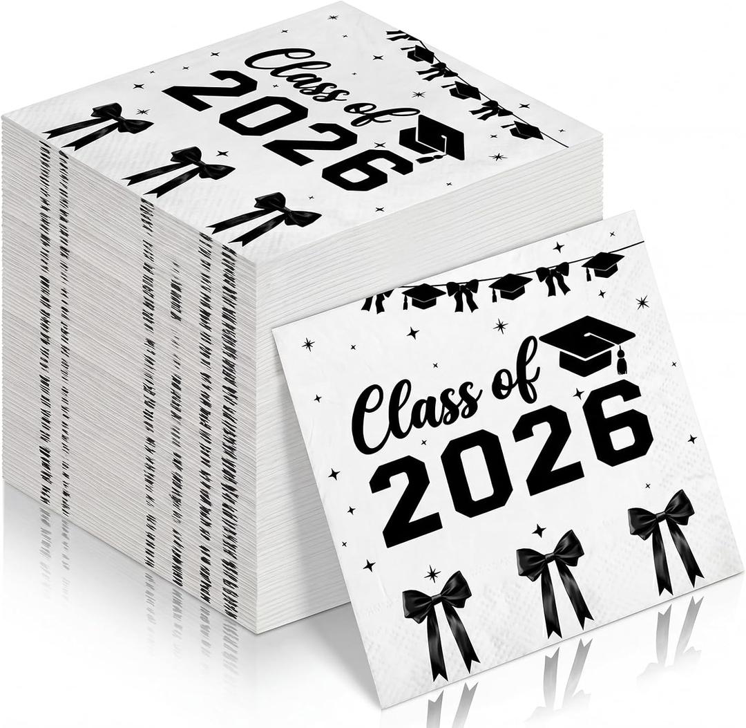 100 Pcs Black Bow Graduation Decorations 2026 Black Bow Graduation Napkins Congrats Grad Class of 2026 Disposable Dessert Paper Napkins for College High School Party Decorations