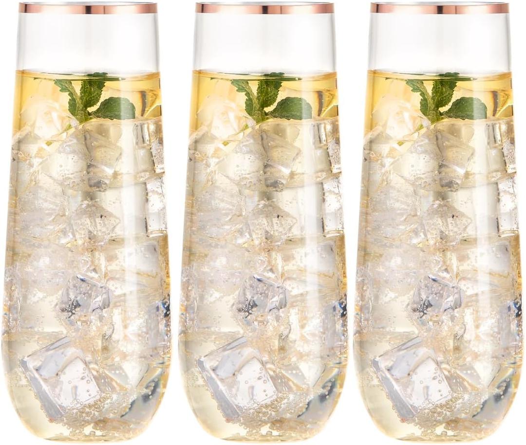 SUT 36 PCS Stemless Champagne Flutes 9 Oz - Shatterproof Plastic Toasting Glasses with Rose Gold Rim, Elegant Disposable Cups for Weddings, Parties, Mimosas & Cocktails