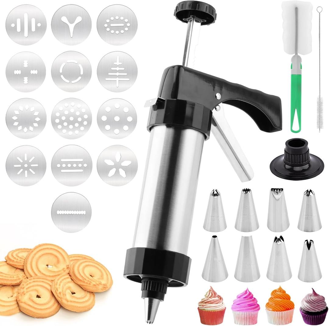 Stainless Steel Cookie Press Gun  13 Discs & 8 Piping Tips for Baking & Decorating | Ideal for DIY Spritz Cookies, Cakes & Desserts  Perfect for Home Bakers & Dessert Lovers